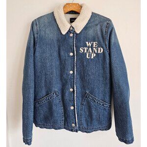 J.Crew Sherpa Lined Denim Jacket "We Stand Up" Men's L Unisex